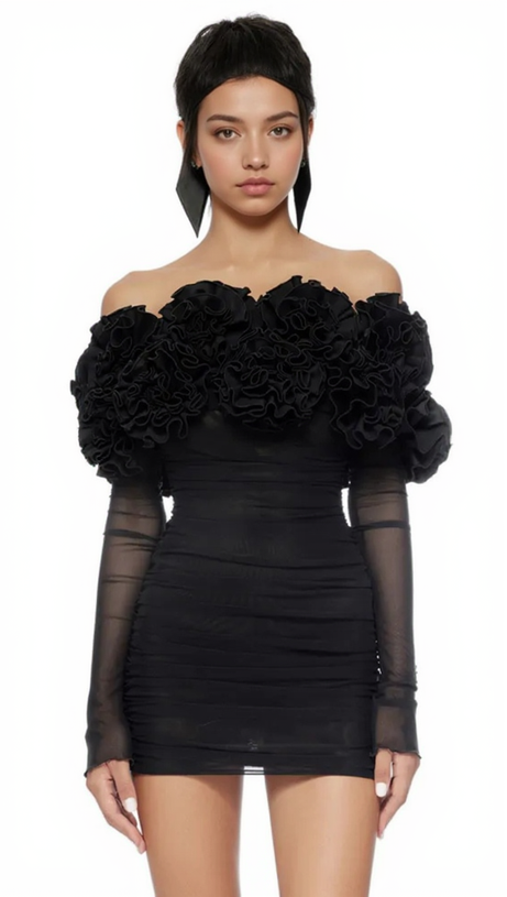 AMITY LONG SLEEVE TULLE FLORAL BARDOT DRESS IN BLACK