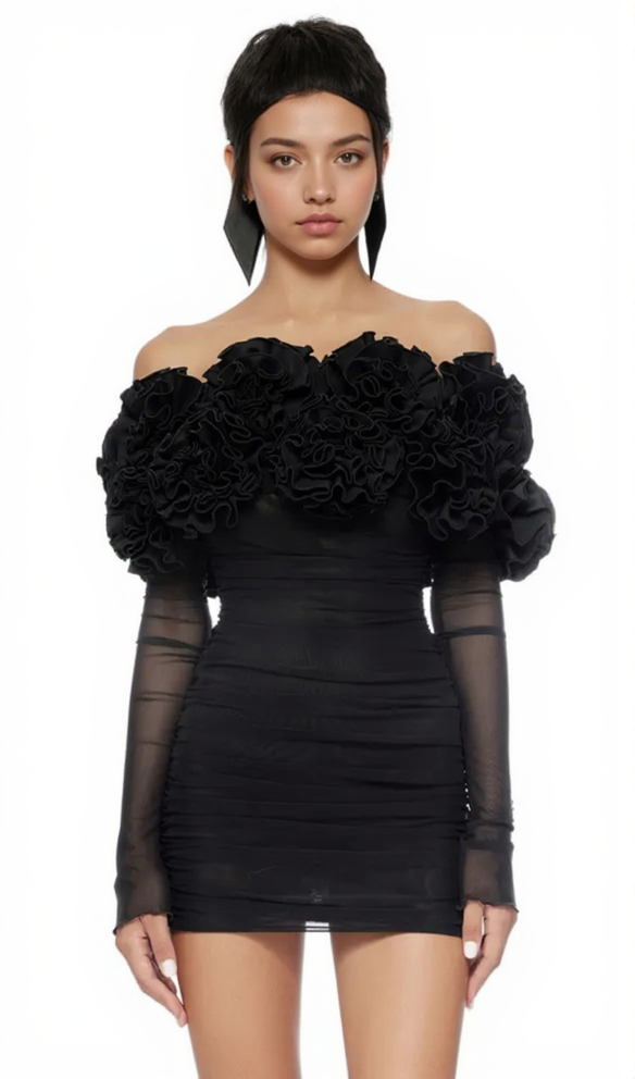 AMITY LONG SLEEVE TULLE FLORAL BARDOT DRESS IN BLACK