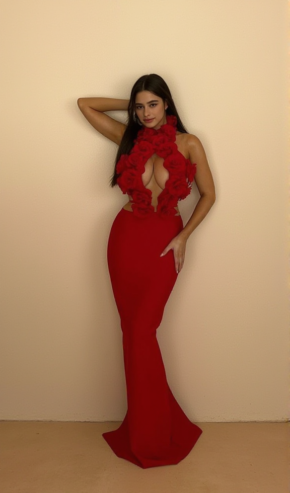 AIIZIE HALTER 3D FLOWER HOLLOW OUT BACKLESS MAXI DRESS IN RED - product image