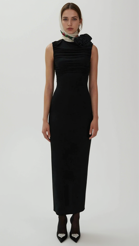 ADORA FLOWER EMBELLISHED RUCHED MIDI DRESS IN BLACK