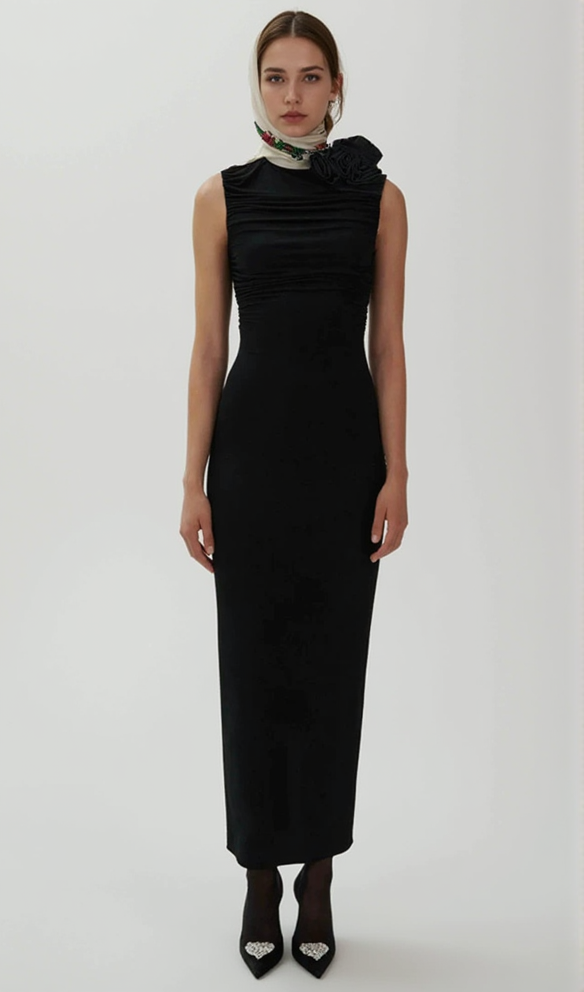 AIIZIE ADORA FLOWER EMBELLISHED RUCHED MIDI DRESS IN BLACK - product image