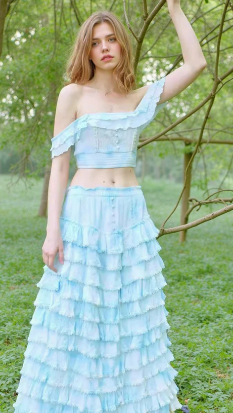 CATHY MULTI-LAYER RUFFLE MAXI DRESS SUIT IN BLUE