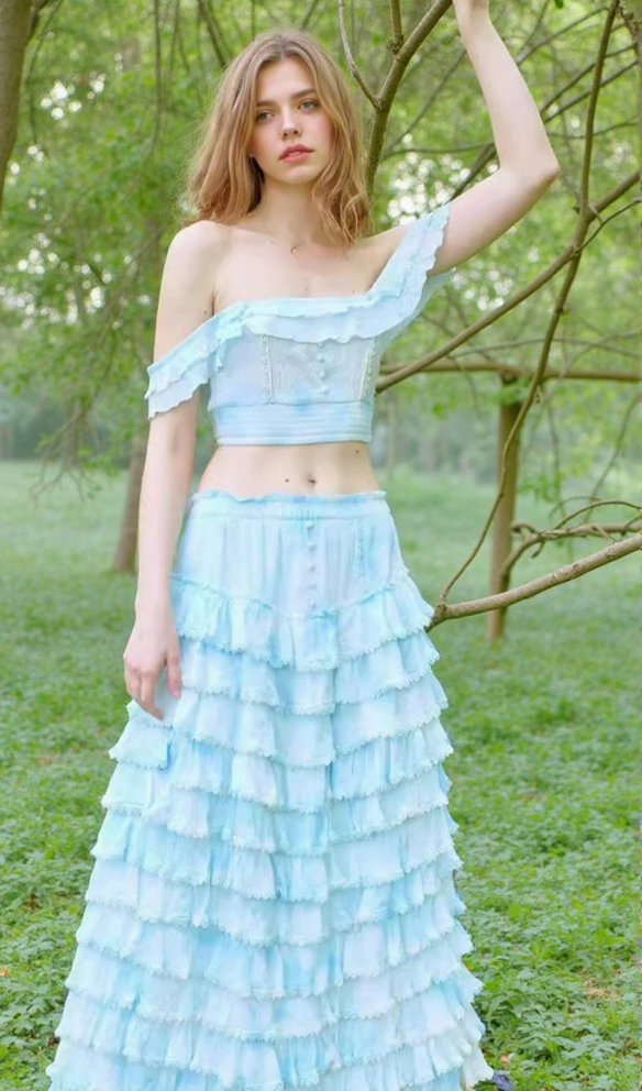 CATHY MULTI-LAYER RUFFLE MAXI DRESS SUIT IN BLUE