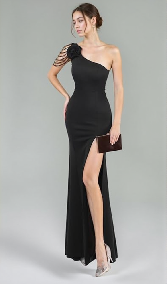 AIIZIE DOLORES ONE-SHOULDER FLORAL MAXI DRESS IN BLACK - product image