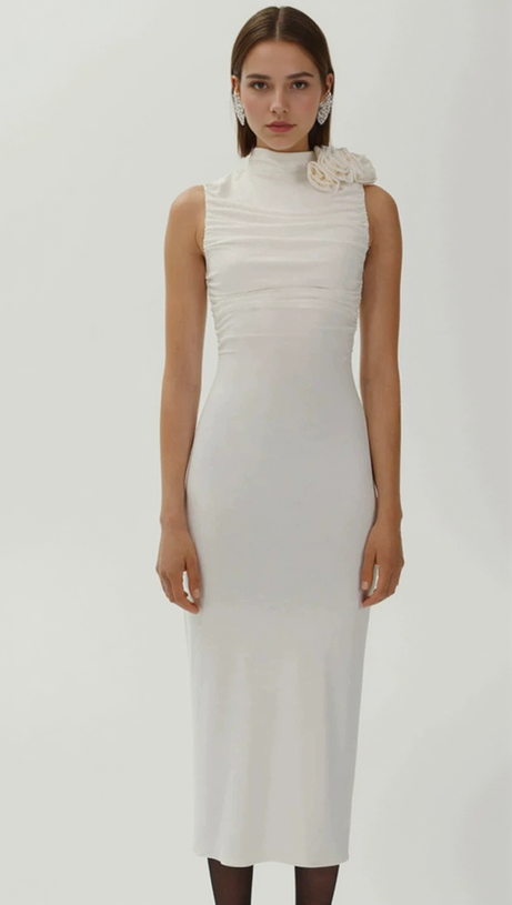 ADORA FLOWER EMBELLISHED RUCHED MIDI DRESS IN CREAM