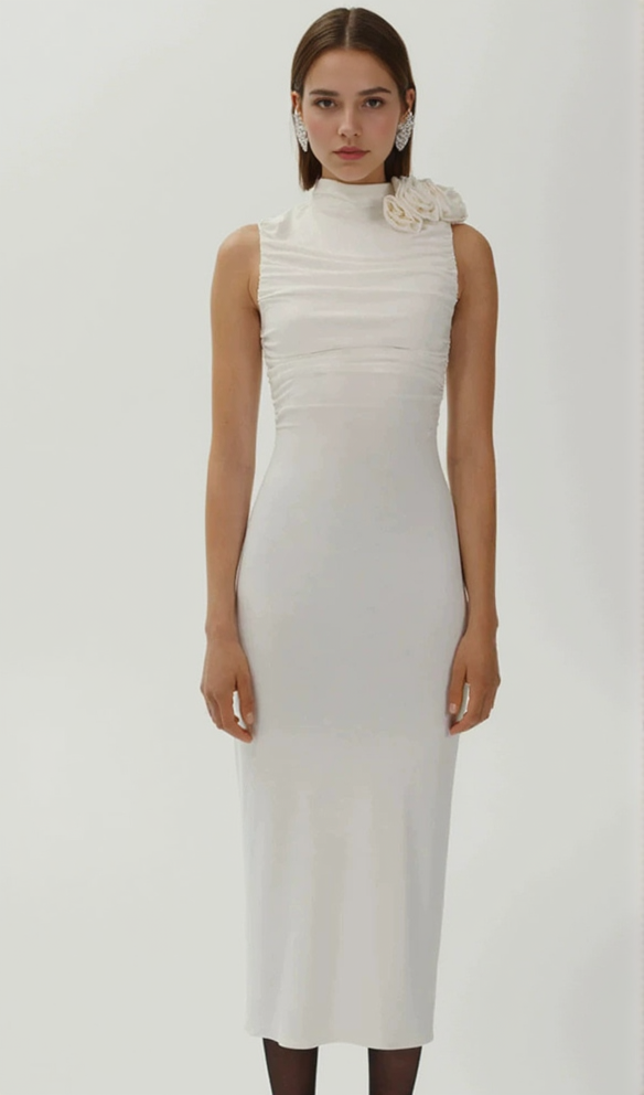 ADORA FLOWER EMBELLISHED RUCHED MIDI DRESS IN CREAM