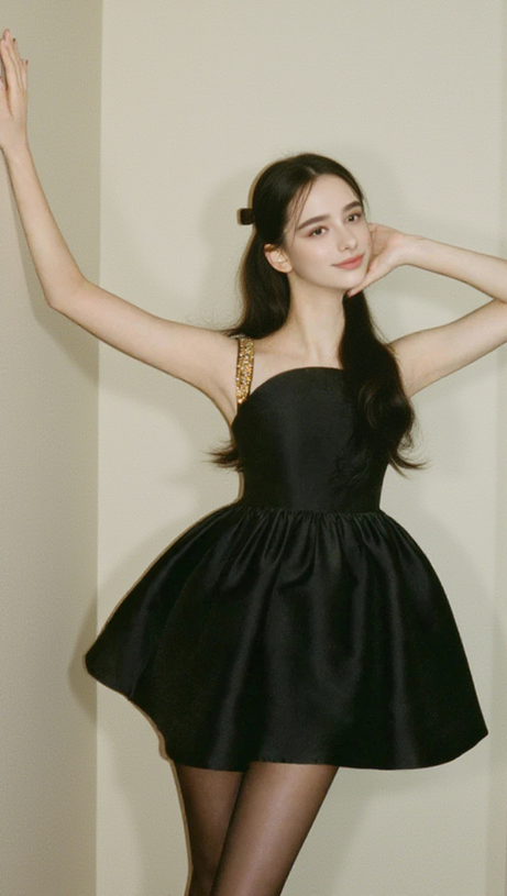 BLACK TAFFETA EMBELLISHED MINI DRESS