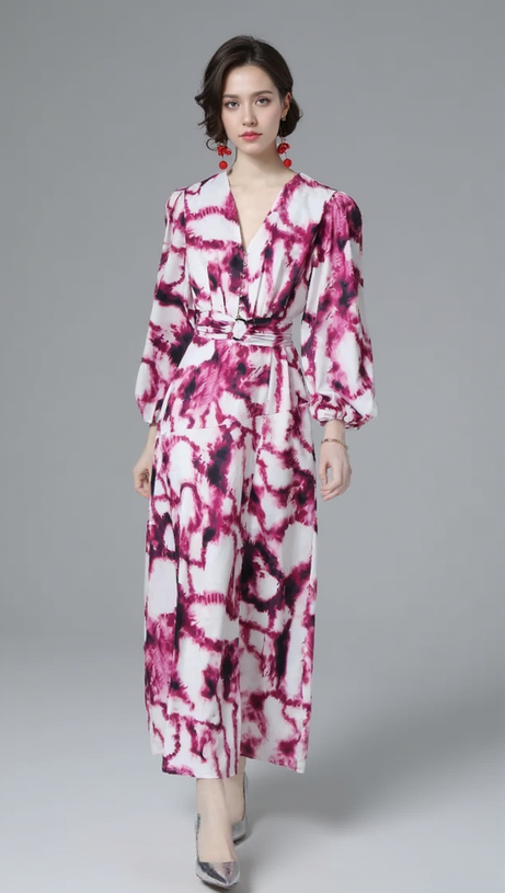 ABITO LUNGO IN RASO TIE-DYE CON CINTURA FUCSIA SUSANNA