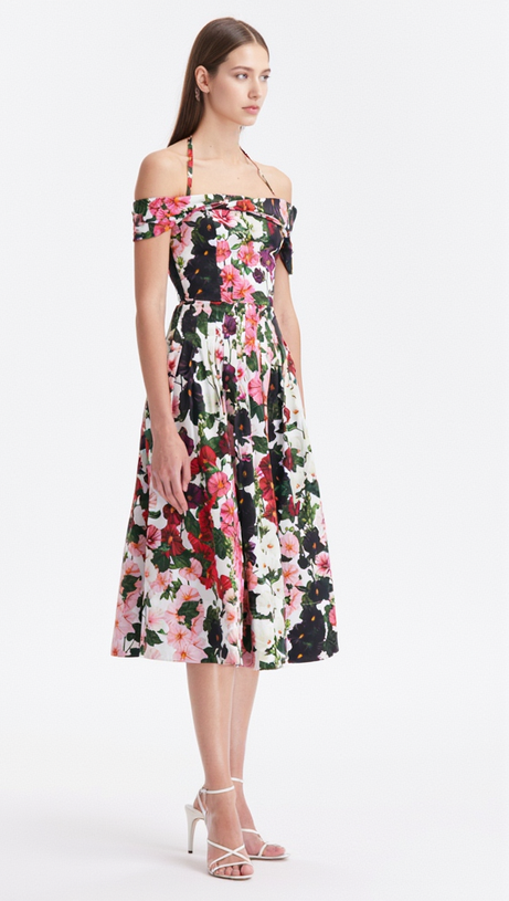 MULTICOLOR OFF-SHOULDER PLEATED FLORAL-PRINT COTTON-BLEND POPLIN DRESS