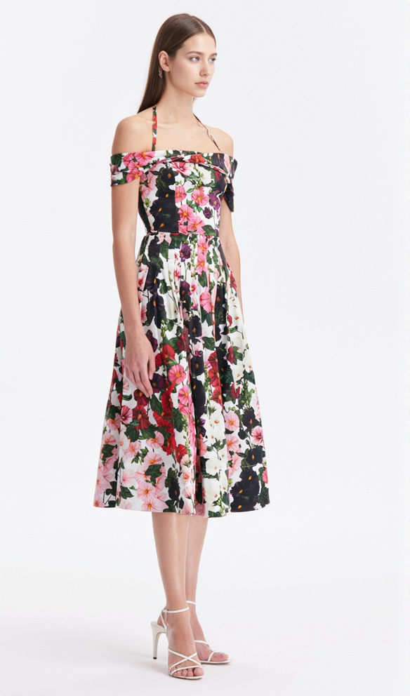 AIIZIE MULTICOLOR OFF-SHOULDER PLEATED FLORAL-PRINT COTTON-BLEND POPLIN DRESS - product image