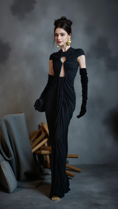 BRIANNA DRAPED KEYHOLE BODYCON GOWN IN BLACK