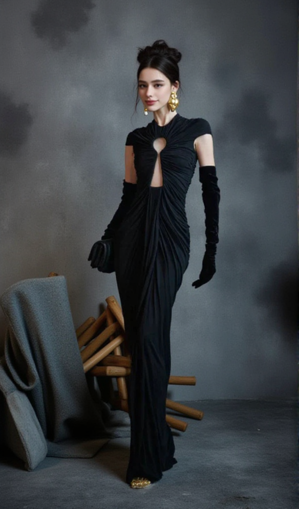 BRIANNA DRAPED KEYHOLE BODYCON GOWN IN BLACK