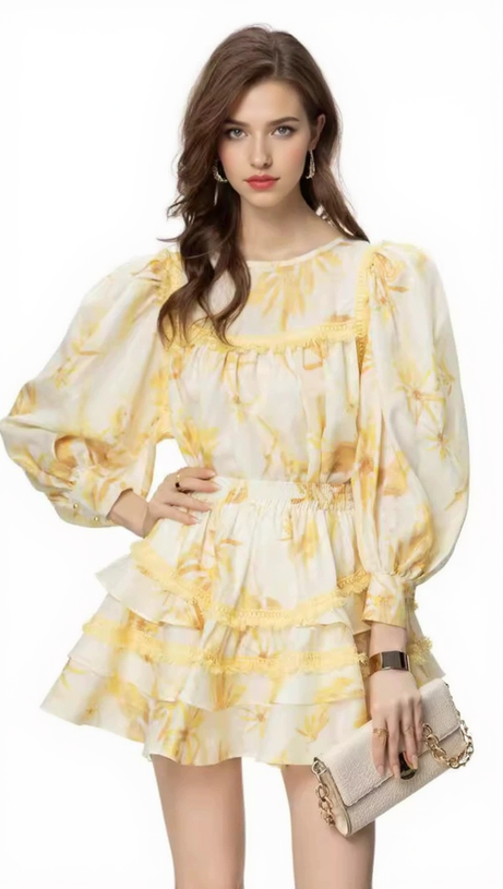 MABEL LAYER TRIM PRINT LANTERN SLEEVE MINI DRESS IN YELLOW