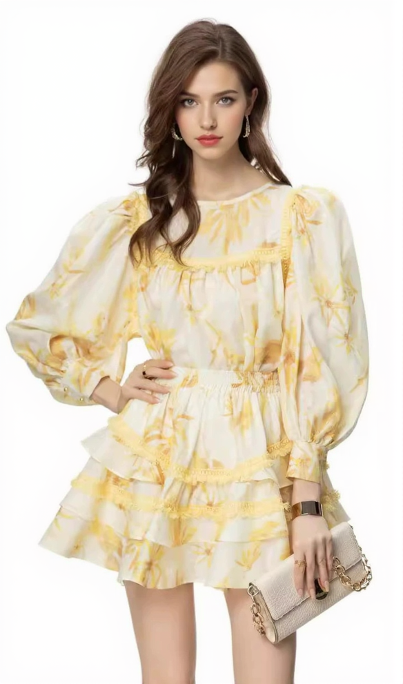 AIIZIE MABEL LAYER TRIM PRINT LANTERN SLEEVE MINI DRESS IN YELLOW - product image