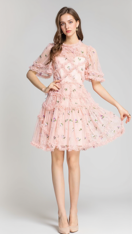 AURORA RUFFLES TULLE MINI DRESS IN PINK