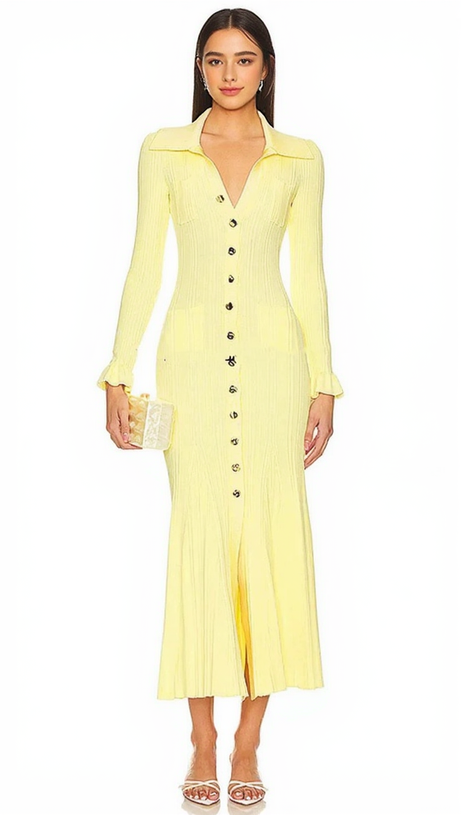 RIB-KNIT FLUTED MIDI SHIRT DRESS IN YELLOW