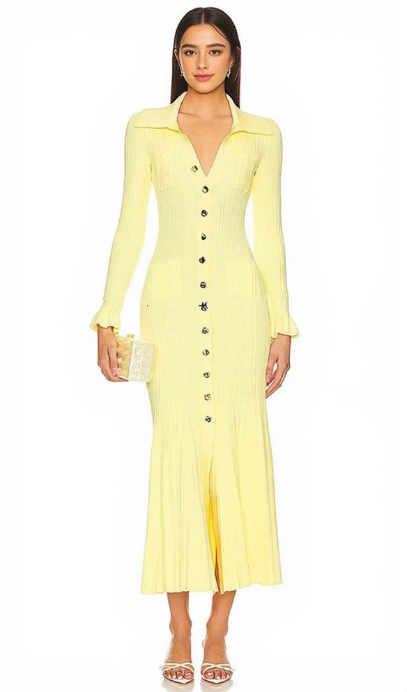 RIB-KNIT FLUTED MIDI SHIRT DRESS IN YELLOW