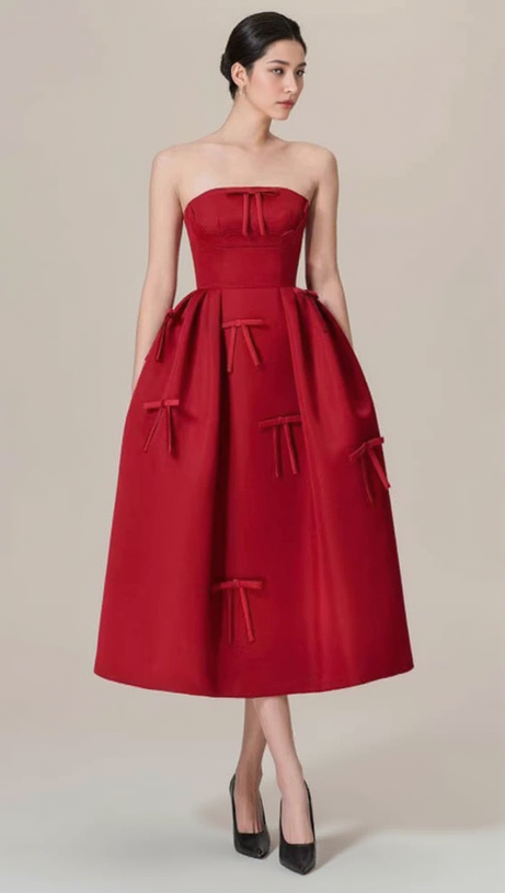 RED STRAPLESS RIBBON FRONT PLAIN A-LINE MIDI DRESS
