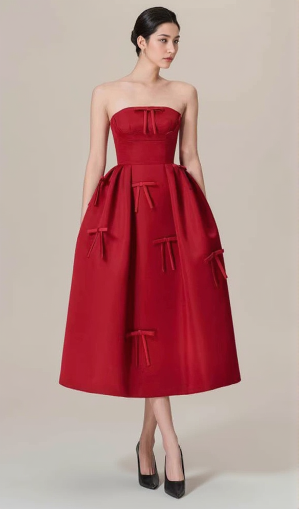 RED STRAPLESS RIBBON FRONT PLAIN A-LINE MIDI DRESS