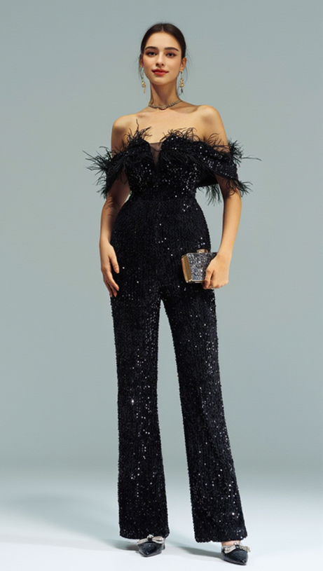 OFF-SHOULDER SEQUIN JUMPSUIT IN BLACK