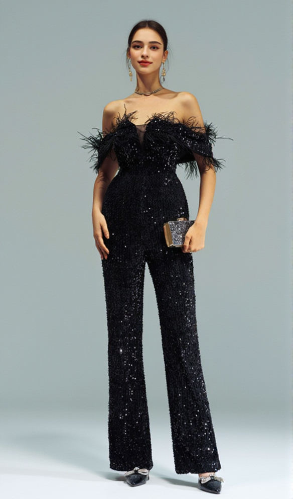 AIIZIE OFF-SHOULDER SEQUIN JUMPSUIT IN BLACK - product image