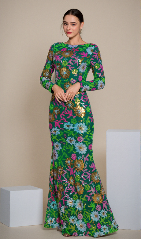 Sequin Round Neck Long Sleeve Maxi Dress in Green