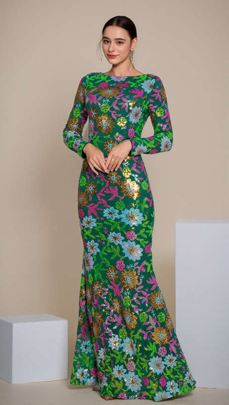 SEQUIN ROUND NECK LONG SLEEVE MAXI DRESS IN GREEN