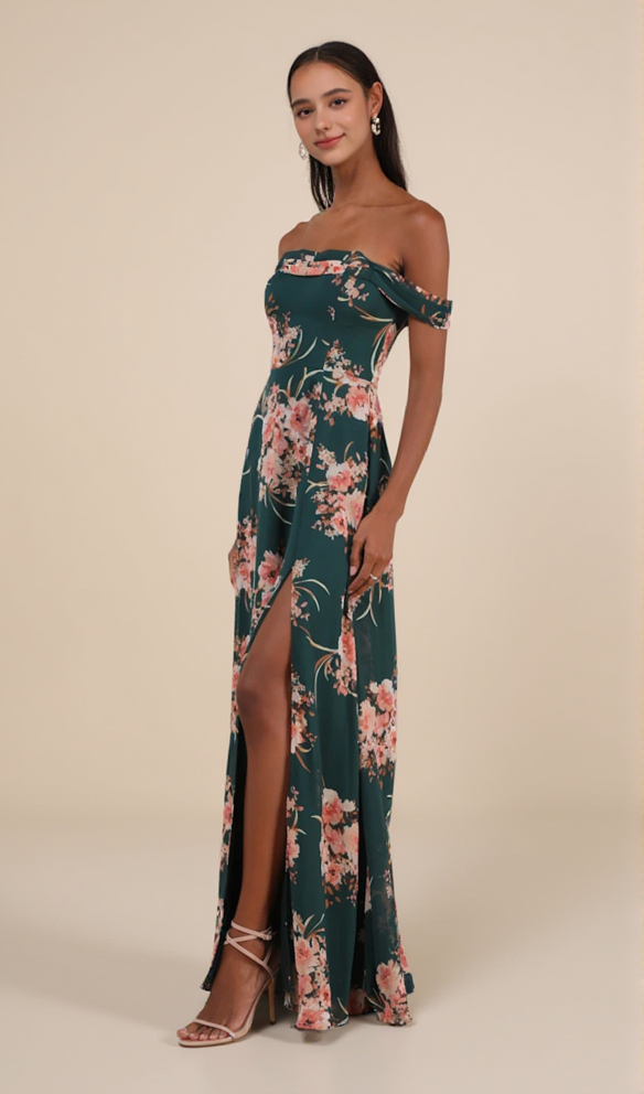 EMERALD GREEN FLORAL OFF-THE-SHOULDER MAXI DRESS