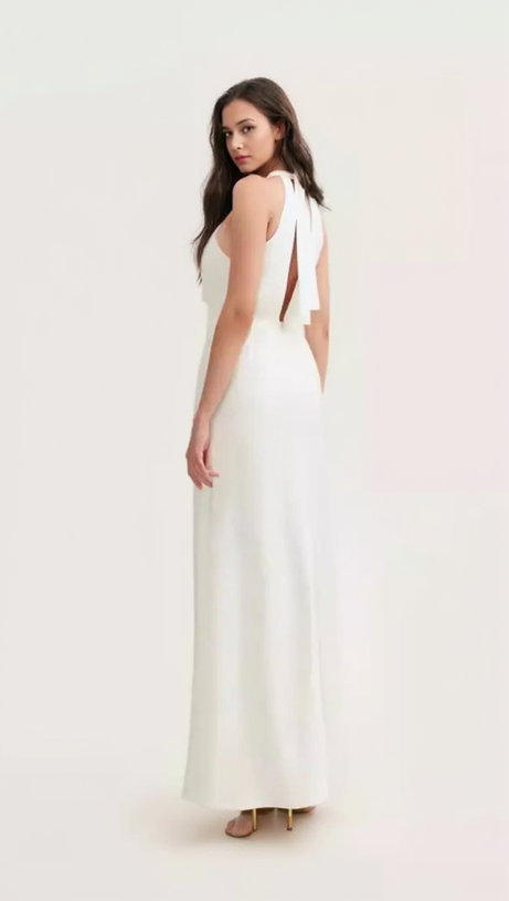 RACHEL WHITE HALTER SATIN BACK CUTOUT MAXI DRESS