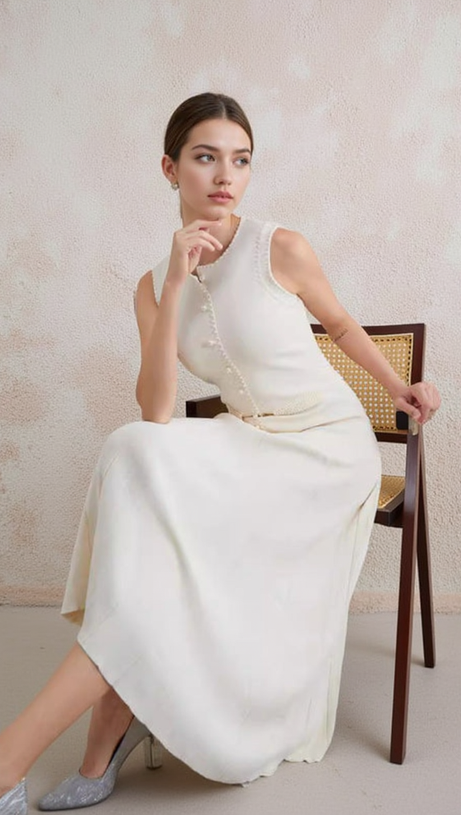 SALOME BEADED TRIM SLEEVELESS KNIT APRICOT MIDI DRESS