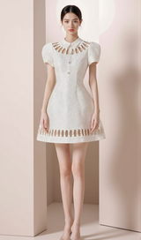 EARTHA WHITE PUFFY HOLLOW BROCADE MINI DRESS