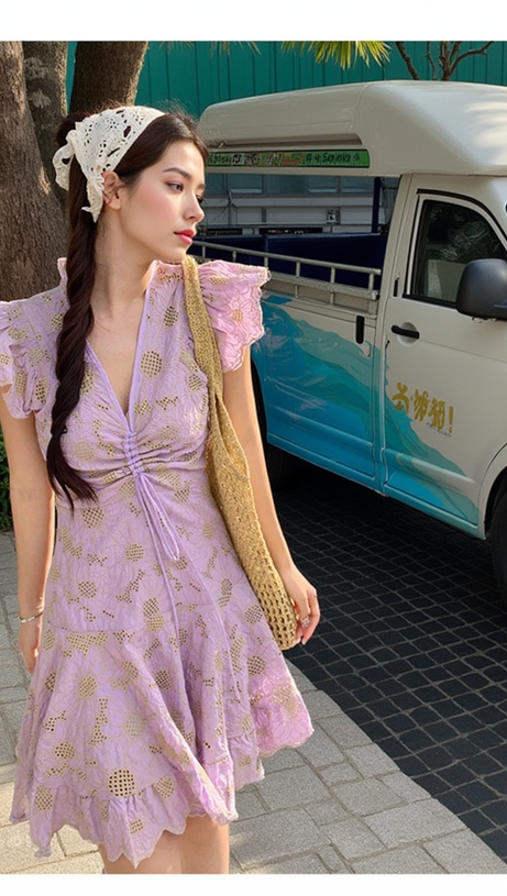 DANIE MINIKLEID AUS BLUMENSPITZE IN HELLEM LILA