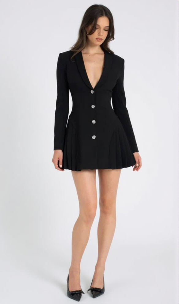 AIIZIE BEULAH PLEATE BLAZER MINI DRESS IN BLACK - product image