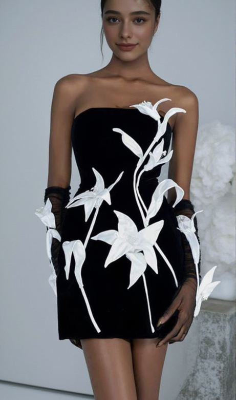 Tulip Flower A-line Straight Across Neck Velvet Mini Dress