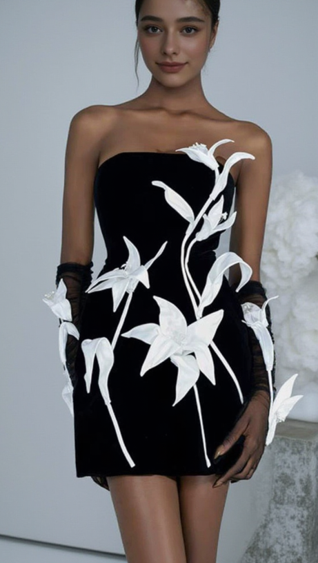 TULIP FLOWER A-LINE STRAIGHT ACROSS NECK VELVET MINI DRESS