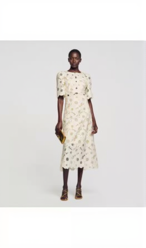 RITA DAISY GOLDENES MIDIKLEID MIT GUIPURE-AUSSCHNITT