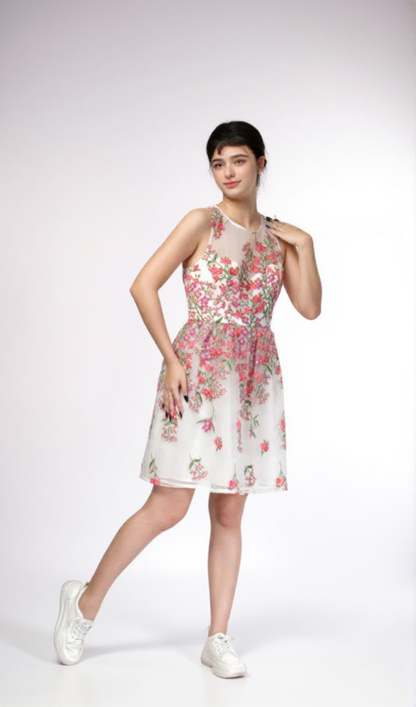 EMBROIDERED FLORAL WHITE FLARE MINI DRESS