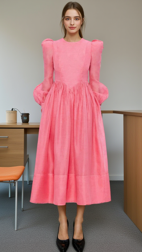 DELIA PINK LANTERN SLEEVE ROUND NECK MIDI DRESS
