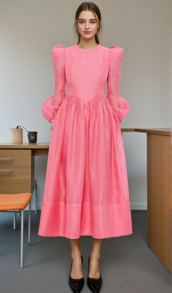 DELIA PINK LANTERN SLEEVE ROUND NECK MIDI DRESS