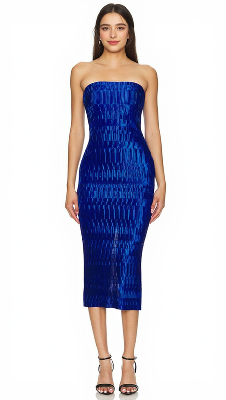 REINE PLISSE STRAPLESS MIDI DRESS