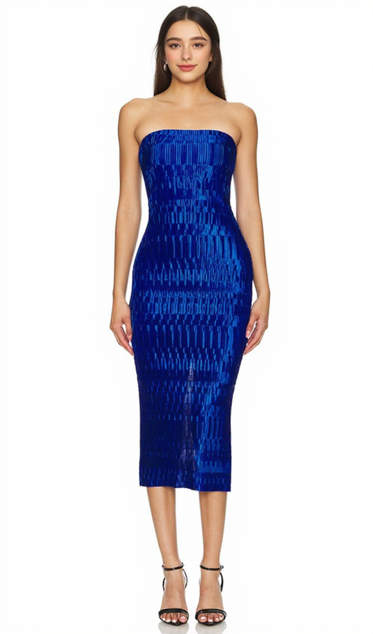 REINE PLISSE STRAPLESS MIDI DRESS