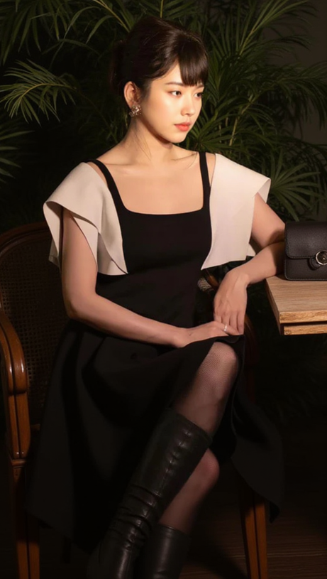 BARBARA BLACK SQUARE NECK MINI DRESS WITH WHITE SHOULDER