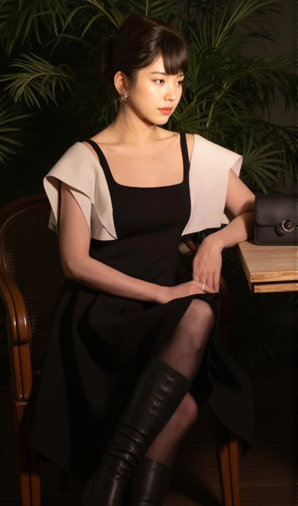 AIIZIE BARBARA BLACK SQUARE NECK MINI DRESS WITH WHITE SHOULDER - product image