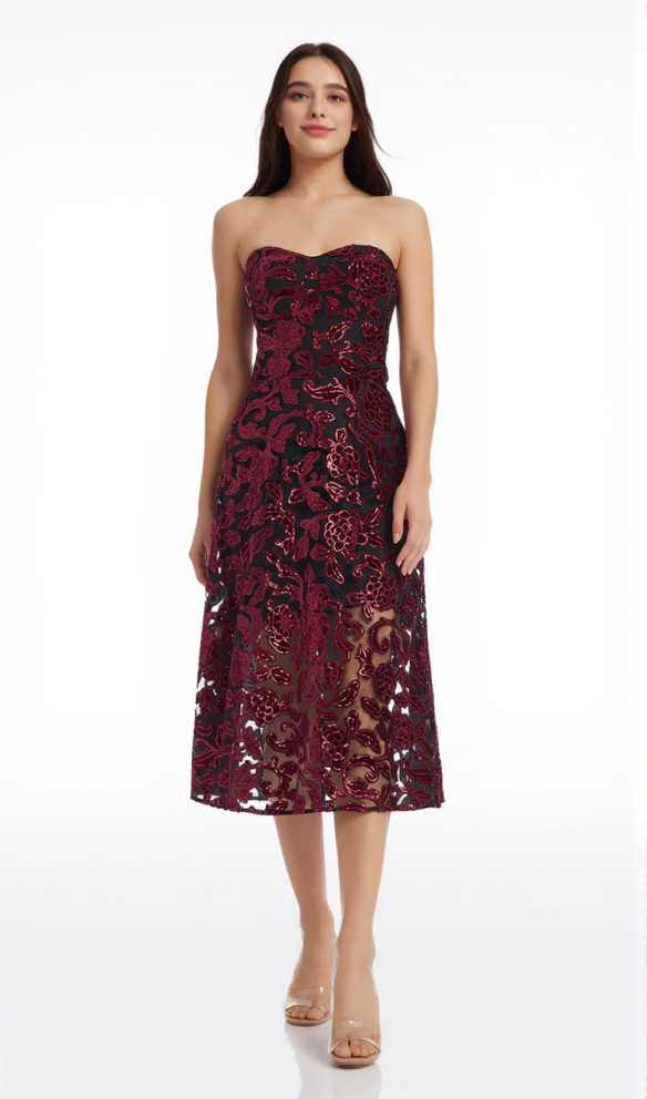 FLORAL PRINT STRAPLESS BUSTIER MIDI DRESS IN BURGUNDY