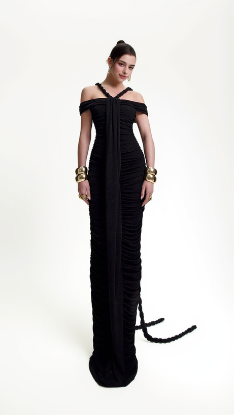 CARA BLACK OFF-SHOULDER RUCHED BODYCON MAXI DRESS WITH ROPE EMBELLISHED