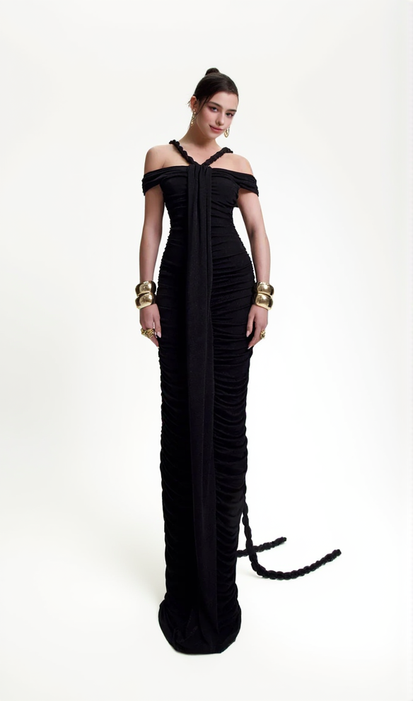 CARA BLACK OFF-SHOULDER RUCHED BODYCON MAXI DRESS WITH ROPE EMBELLISHED