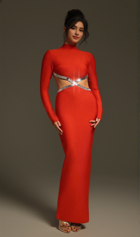 Rotes Maxikleid aus Crêpe mit Baguette-Kristallen und seitlichen Cut-outs