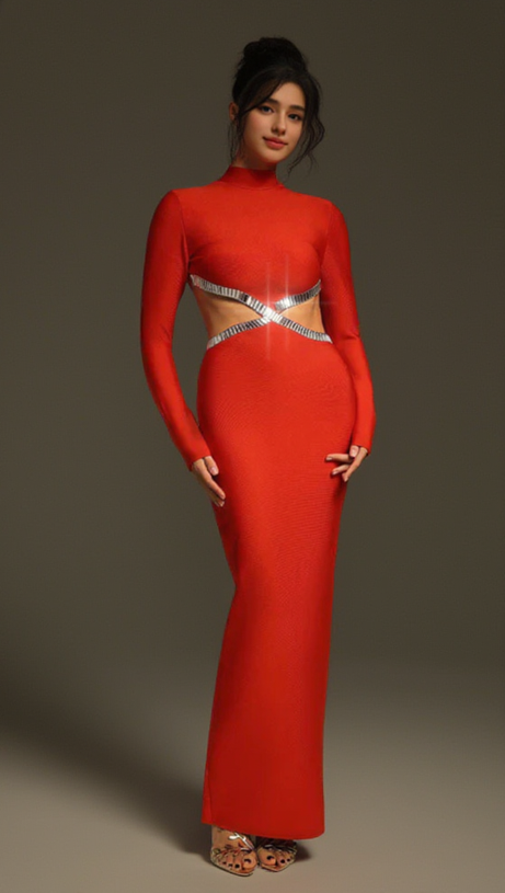 Rotes Maxikleid aus Crêpe mit Baguette-Kristallen und seitlichen Cut-outs