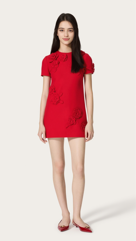 SELENA EMBROIDERED CREPE COUTURE MINI DRESS IN RED