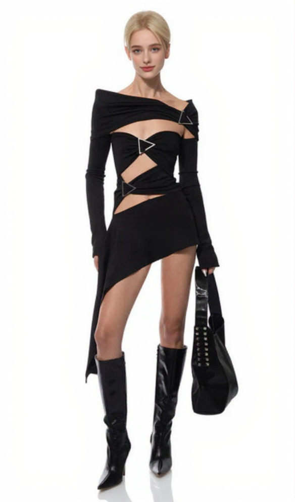 SARAH BLACK ARROW EMBELLISHED OFF-SHOULDER BANDAGE MINI DRESS